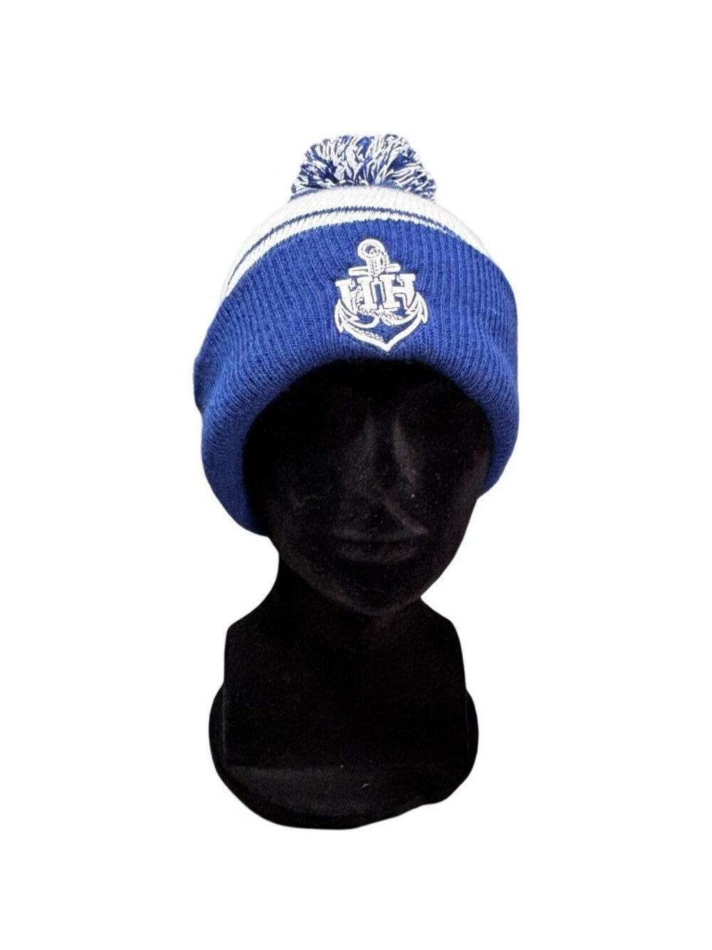 Blue & White Knit Winter Hat With Anchor Logo & Pom By HitWear